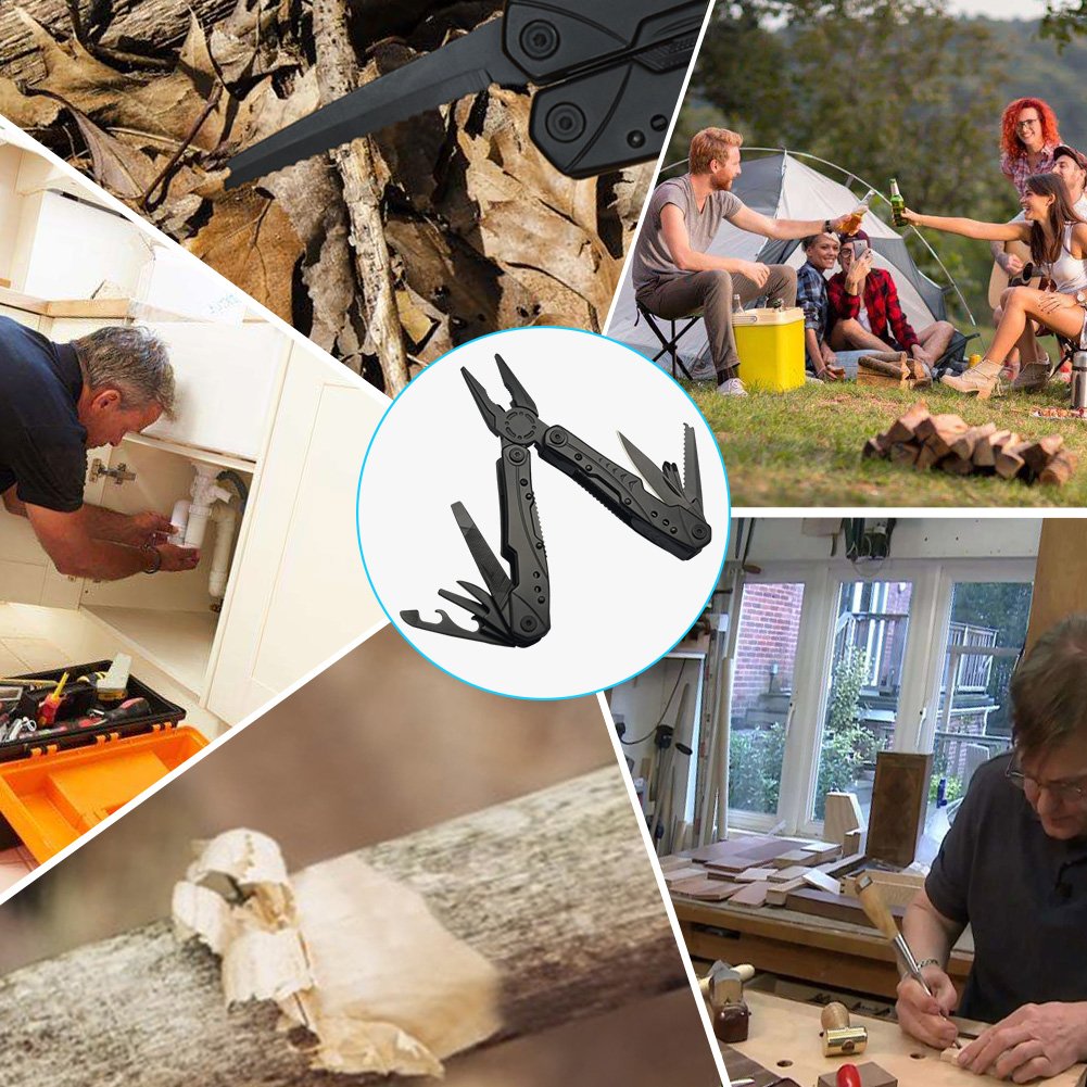 Multitool Pliers Newild 12-in-1 Multi Purpose Pocket tool Set with Knife Fire Starter Nylon Sheath Durable Black Oxide Super Hardened 420 Stainless Steel for Survival,Camping,Fishing,Hunting,Hiking