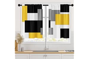 Tayney Yellow Kitchen Curtains 36 Inch Length Black Grey White Window Short Tier Curtains Over Sink Set of 2, Abstract Geometric Modern Art Small Kitchen Decor 26x36 Inch