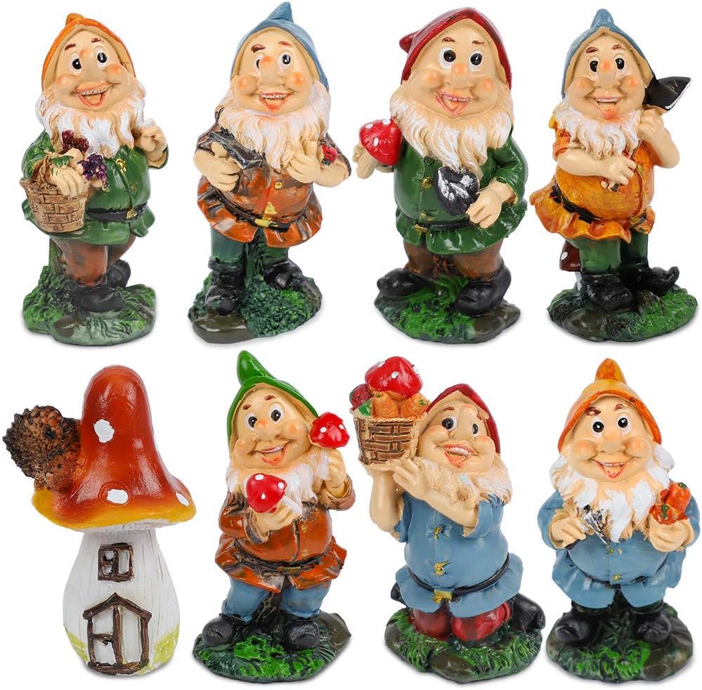 Amazon Com Juniqute Mini Gnomes Fairy Garden Set Seven Dwarfs Statue With Mushrooms And Tools 8pcs Garden Outdoor