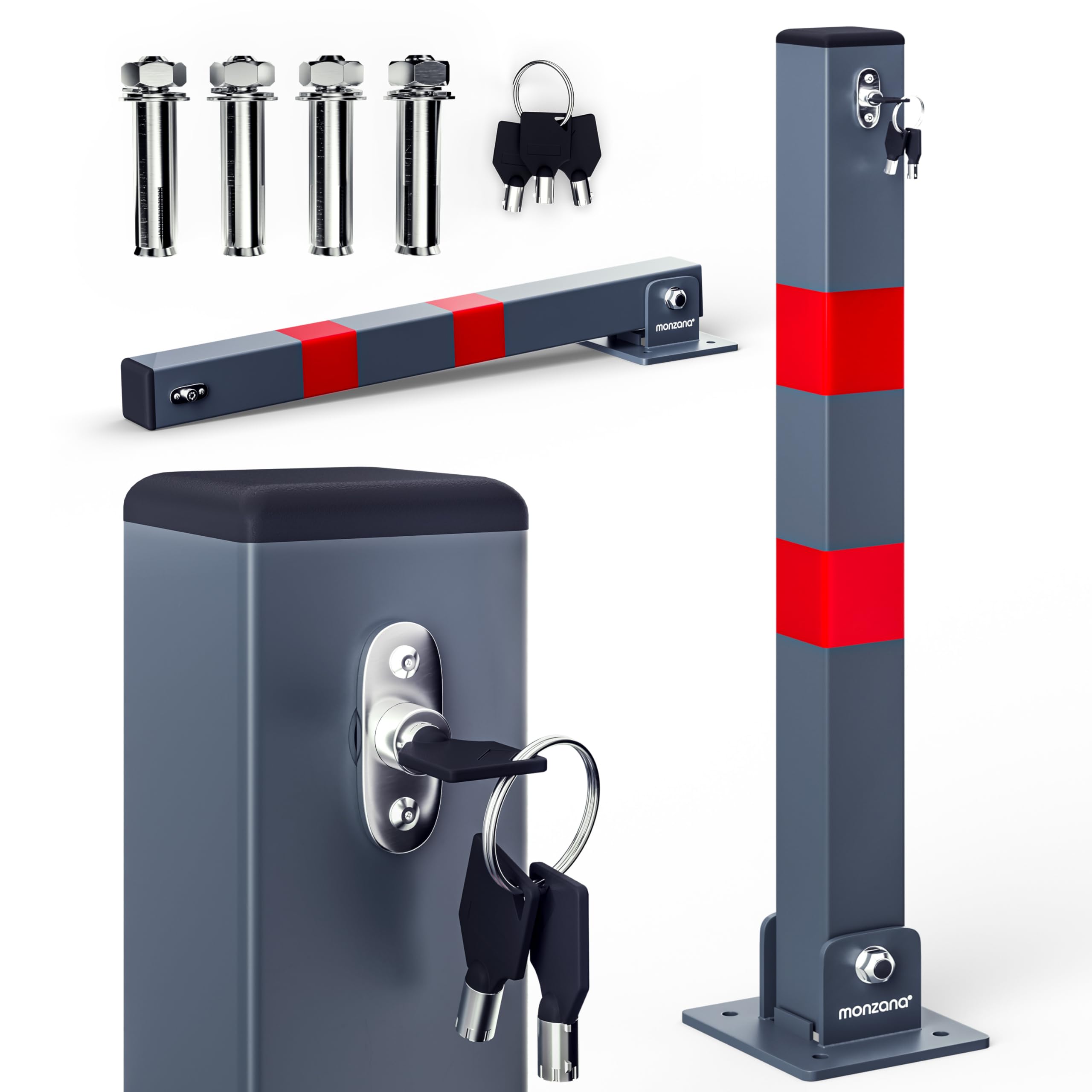 DEUBA® Car Security Barrier for Driveways | Telescopic Parking Space Bollard | Retracts Down to 7.5cm | 3 Keys | Pre-Drilled Base Plate, Reflective Strips