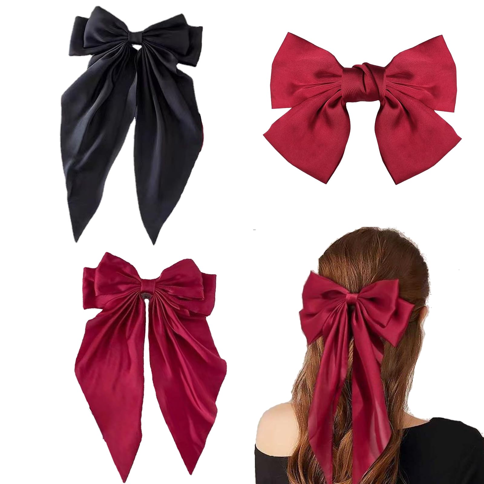 Bow Hair Clips - 3Pcs Large Silky Satin Ribbon Bows, Black and Red, Solid Color French Barrette Hair Fastener Accessories for Women and Girls