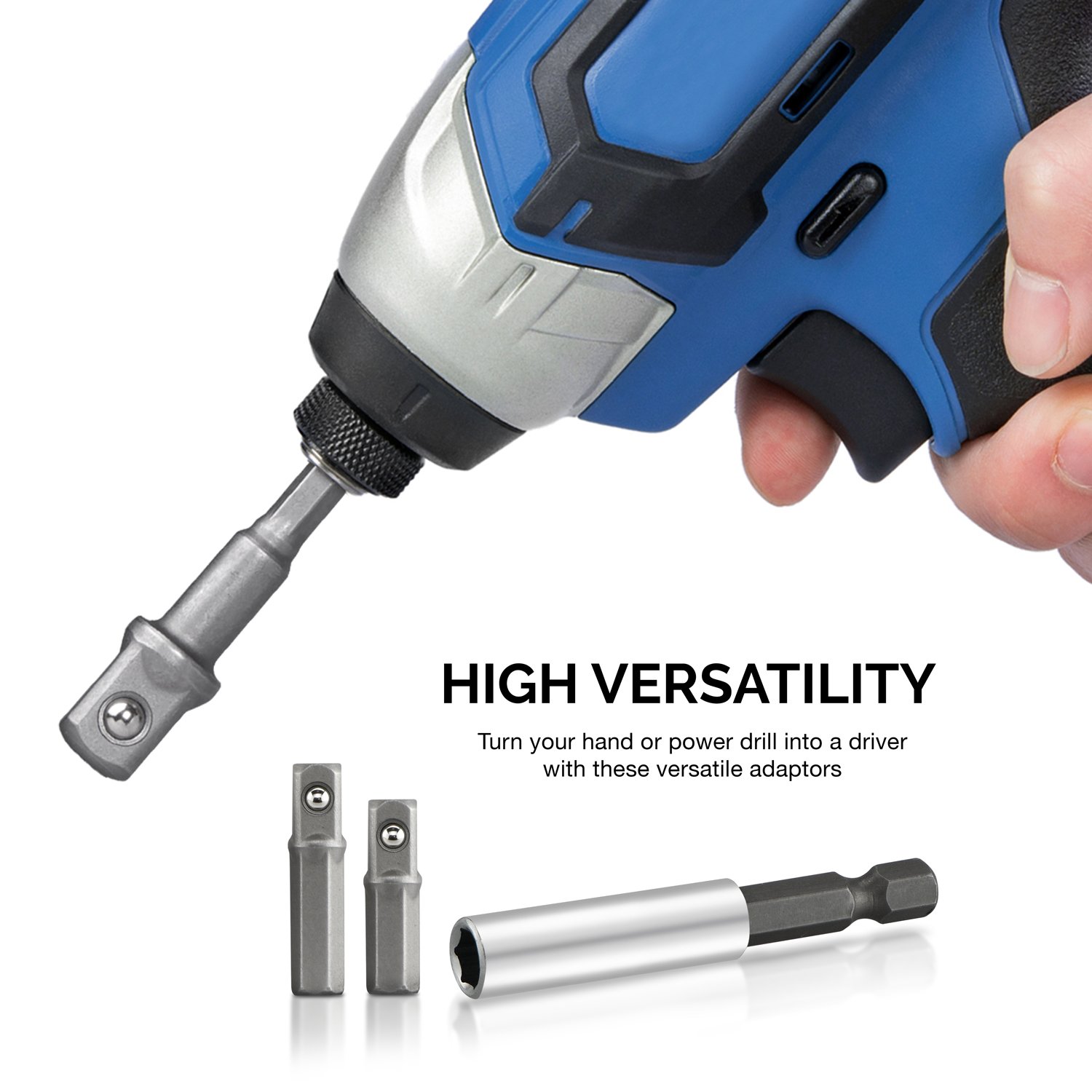 Hiltex 00257 Hex Shank to Square Drive Socket Adapter Bit Bar Set, 9 Pieces | CR-V 1/4, 3/8, 1/2-inch Drive