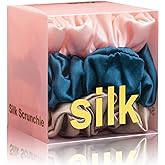 Silk Scrunchies for Hair 100% Mulberry Silk Hair Ties 3 Pack(Pink, Peacock Blue, Apricot)