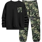 WIQI Boys Clothes 2 Piece Long Sleeve Pullover Sweatshirt and Camouflage Sweatpants Fall Winter Outfits Set 6-14Y