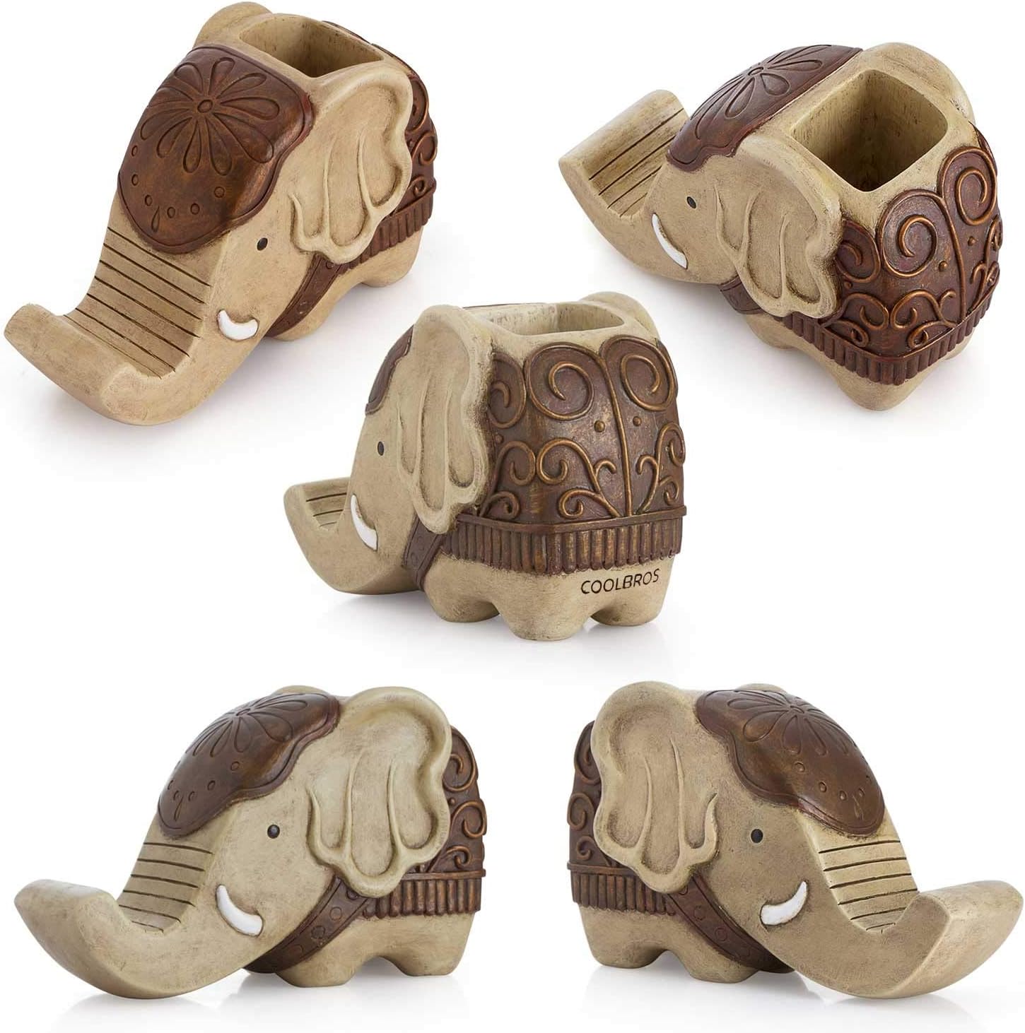 Pen Pencil Holder with Phone Stand, Coolbros Resin Shaped Pen Container Cell Phone Stand Carving Brush Scissor Holder Desk Organizer Decoration for Office Desk Home Decorative (Elephant): Home Improvement