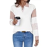 LOMON V Neck Long Sleeve Loose Sweaters Color Block Striped Knitted Pullover Jumper Tops
