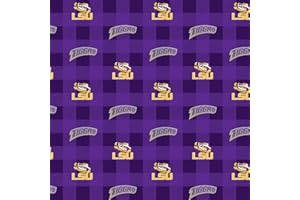 SYKEL ENTERPRISES University of Louisiana Fleece Blanket Fabric-LSU Tigers Fleece Fabric with Buffalo Plaid Design