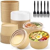 Exsmile 50 Pack 32 OZ Disposable Paper Food Containers with Lids and Forks | To Go Meal Prep Container, Round Kraft Paper Bowls for Hot &amp; Cold Food, Salad, Soup, Takeout, Party, Microwave &amp; Freezer Safe