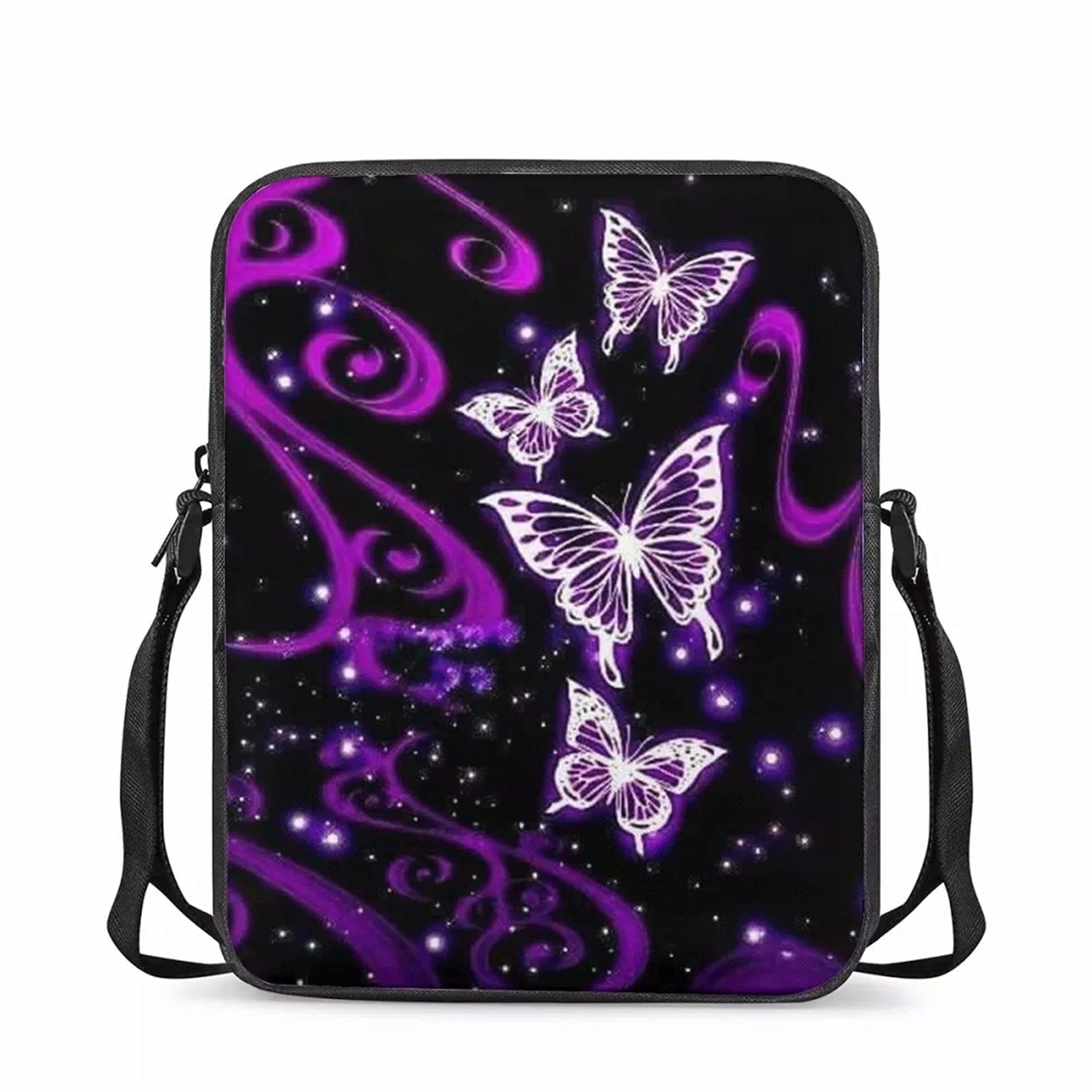 NETILGEN Purple Shiny Butterfly Women Shoulder Crossbody Pouch Multi Pockets Zippet Small Casual Messenger Bags,for Outdoor Travel Beach