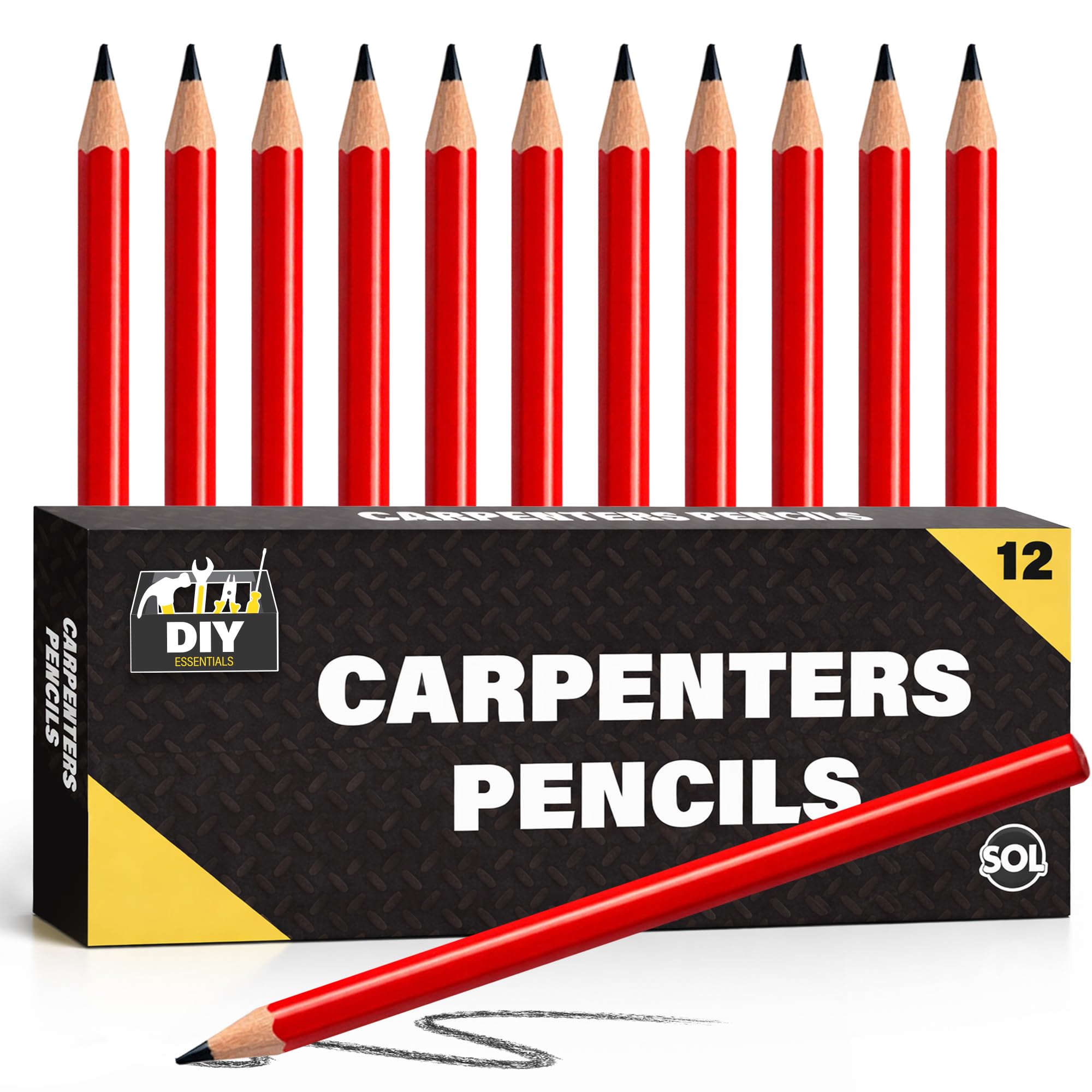 SOL 12pk Carpenters Pencil Builders Pencils Heavy Duty Marking Tools for Woodworking Construction DIY Carpentry Workshop Use Round Design Graphite Lead for Wood Timber Drywall Brick