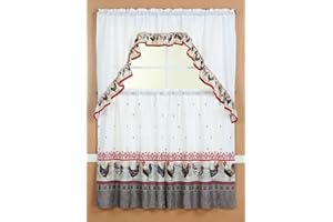 Diamond Home Linens 3PC Printed Kitchen Curtain Tiers and Swag Valance 36" Long Set (Black/Rooster)