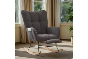 ETCZOYE Modern Nursery Rocking Chair, Teddy Upholstered Glider Rocker with Footrest, Comfortable Rocker Recliner with Side Pocket for Living Room, Bedroom, Office, Grey