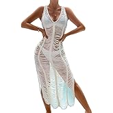 OYOANGLE Women's Crochet Hollow Out Swimsuit Cover Up Deep V Neck Sleeveless Beach Midi Dress Swimwear