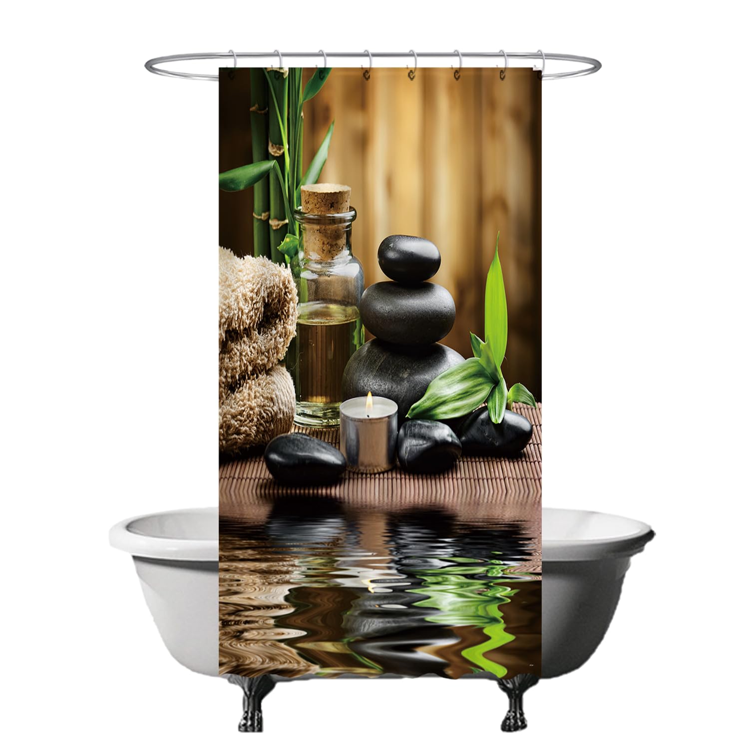 Ulticool Shower Curtain - Zen Spa Meditation Rust Natural - 120 x 200 cm - Washable - Anti Mould - with 8 Rings - Green Beige Black