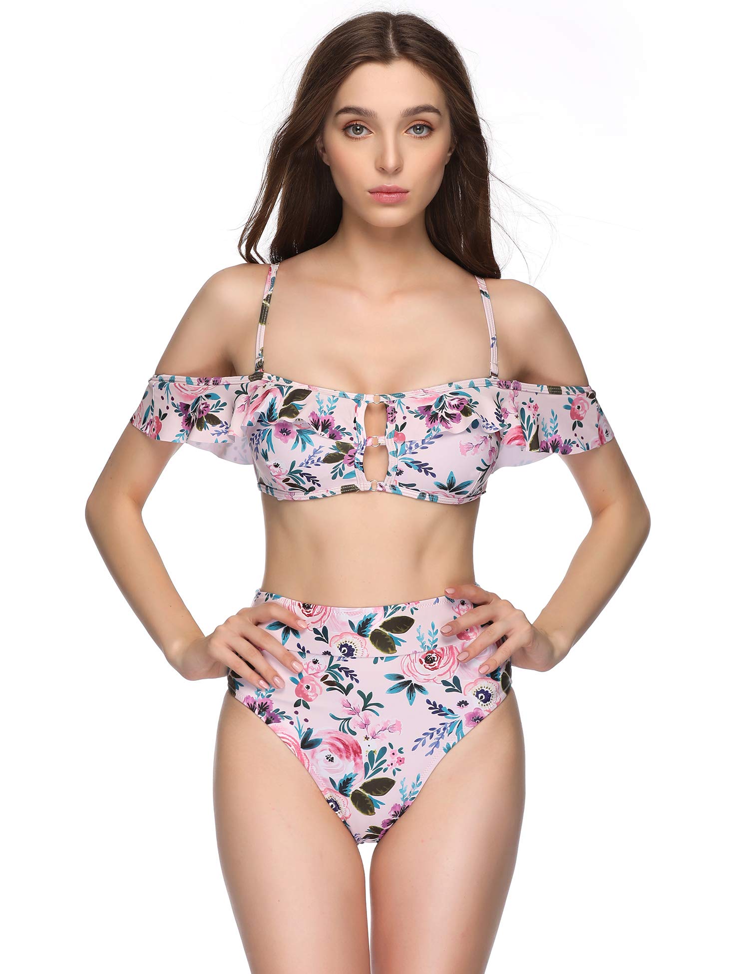 Verano Playa Women Bikini Swimsuits Two Piece Off Shoulder Bandeau Crop Ruffled Flounce Top High Waisted Bottom Bathing Suit