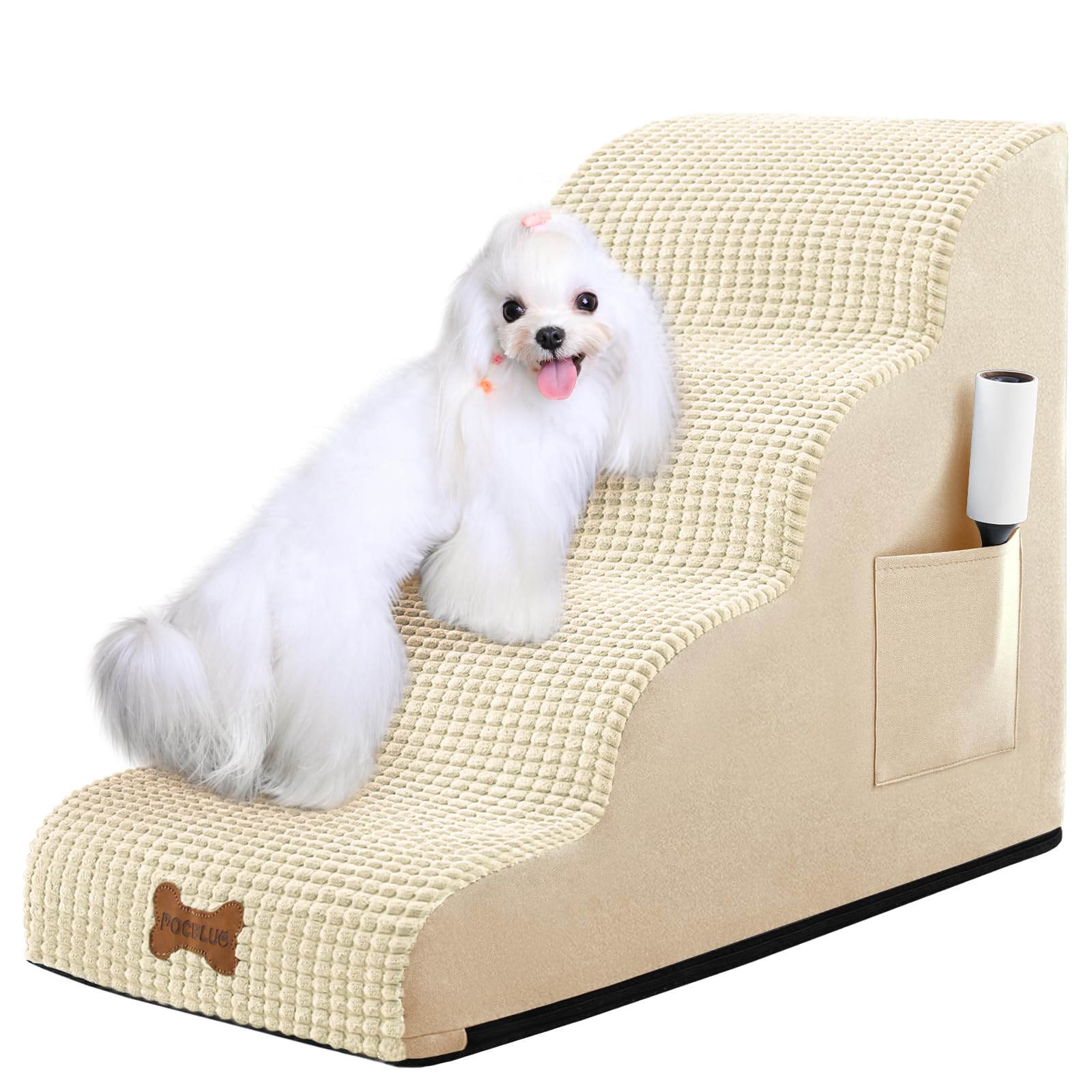 Dog Stairs for Small Dogs, Wide Pet Step with Removable Cover, No Assembly High Density Foam Cat Ramp for Bed or Sofa, 4-Step, Beige Image
