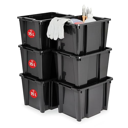 Iris Ohyama, Plastic tool Storage Boxes No lid, but with ergonomic handles, 45L, Set of 6, Stackable, Nestable, BPA Free, Attic, Shed, Garage, HB-15 Body, Black
