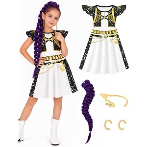Halloween Costume Kids Golden Costume Girls with Wig Purple Braiding Ponytail Hair Extension Dress