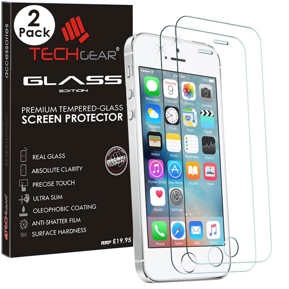 TECHGEAR [2 Pack GLASS Edition for iPhone SE 2016 / 5s / 5c / 5, Genuine Tempered Glass Screen Protector Guard Cover Compatible with Apple iPhone SE 2016 / 5s / 5c / 5