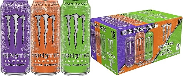MONSTER ENERGY ULTRA VARIETY PACK, ULTRA VIOLET, ULTRA SUNRISE, ULTRA PARADISE, SUGAR FREE ENERGY DRINK, 16 OUNCE (PACK OF 15)