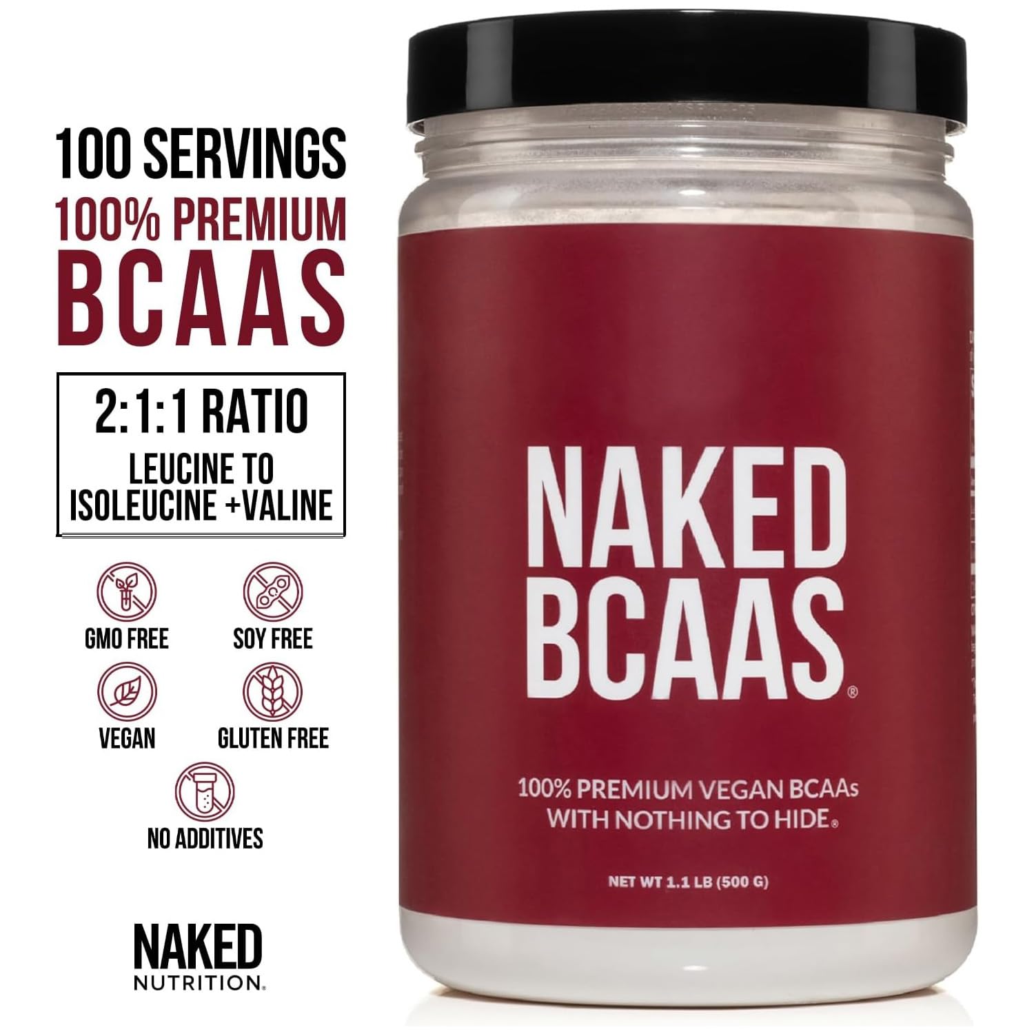 NAKED BCAAs Amino Acids Powder, Only 1 Ingredient, Pure 2:1:1 Formula, Vegan Unflavored Branched Chain Amino Acids, Instantized All Natural BCAA Supplement - 500 Grams, 100 Servings