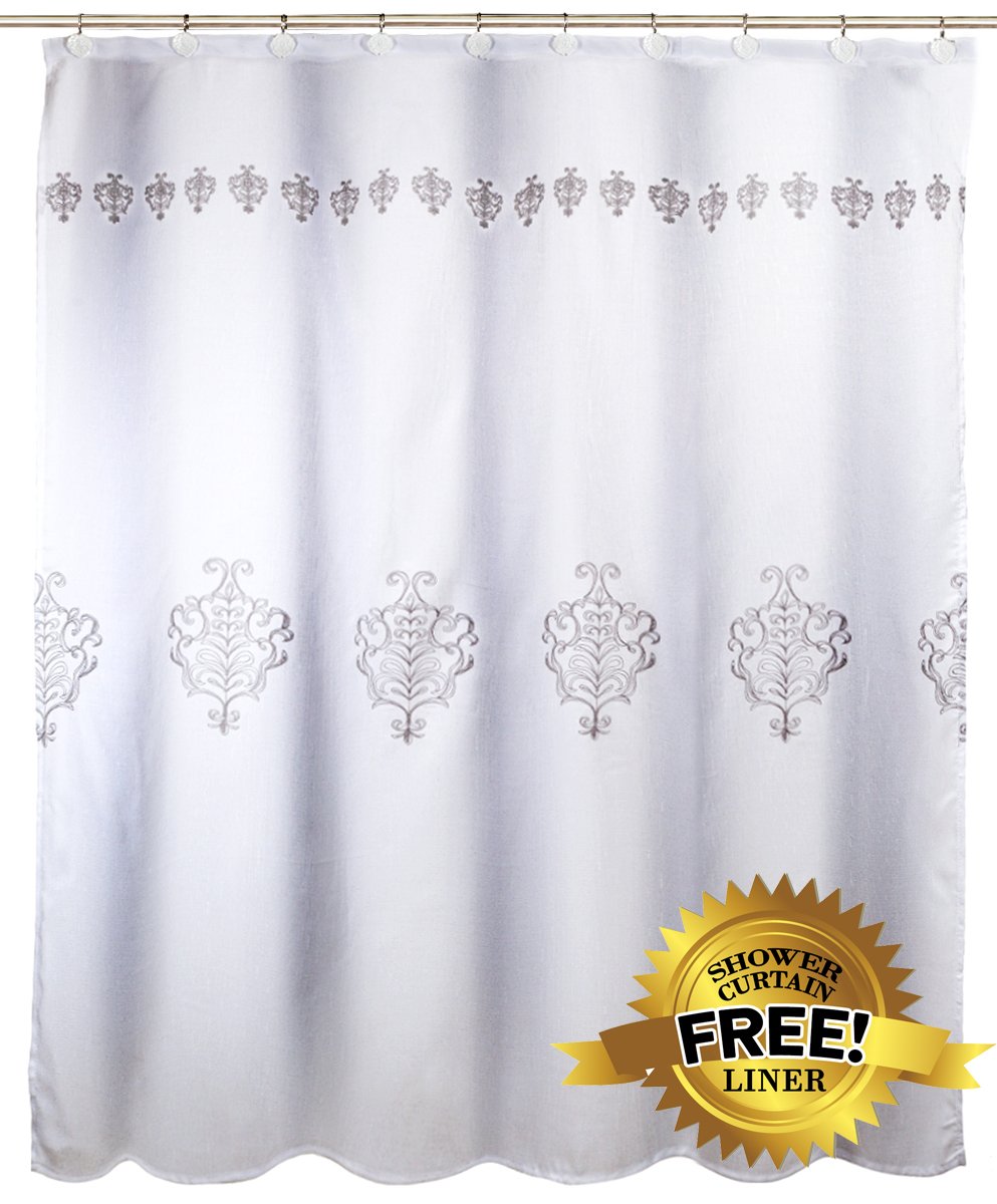 Vintage White Decorative Fabric Shower Curtain, Includes PEVA Shower