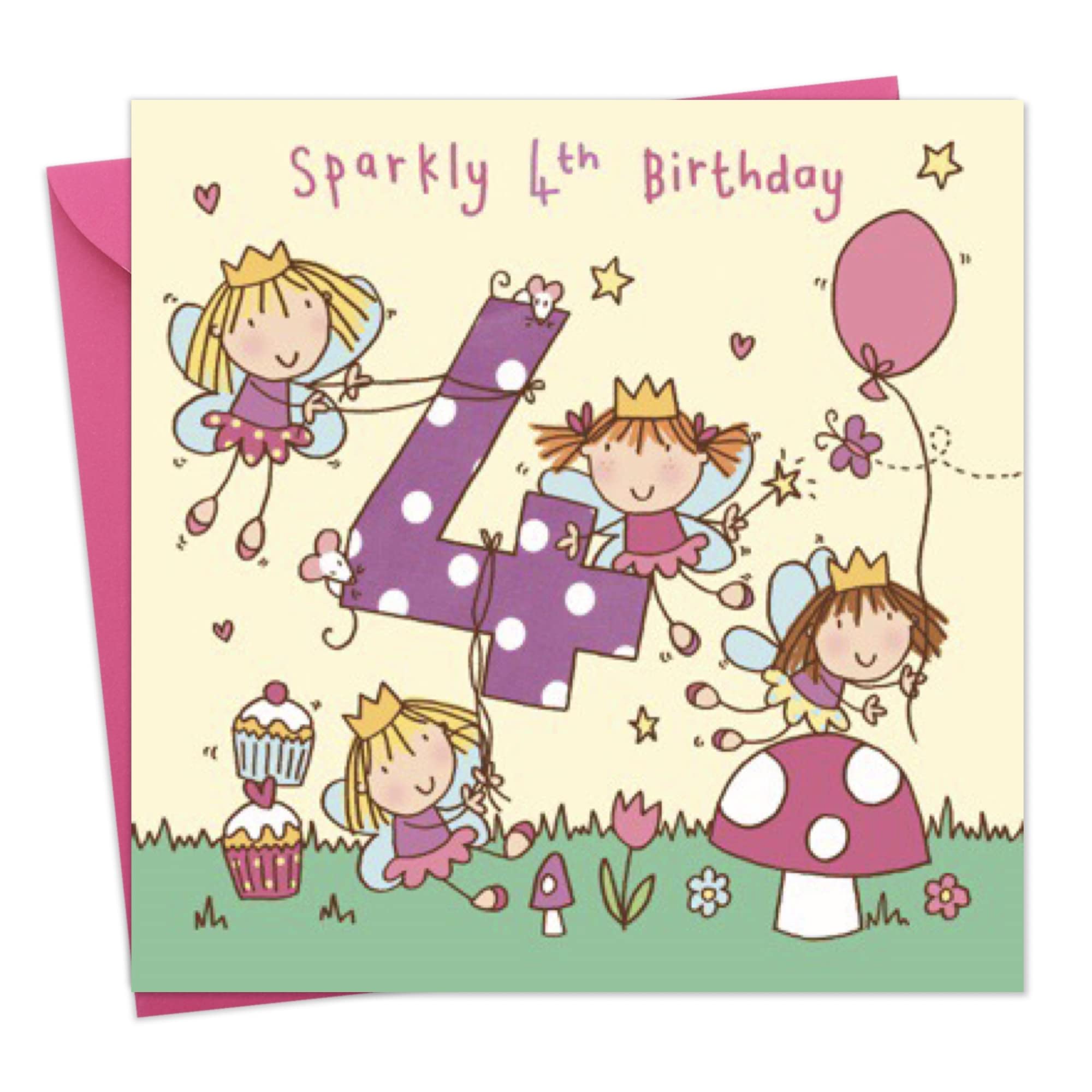 Twizler 4th Birthday Card Girl Fairy Princess - Girls Age 4 Year Old Childrens Happy Birthday Card