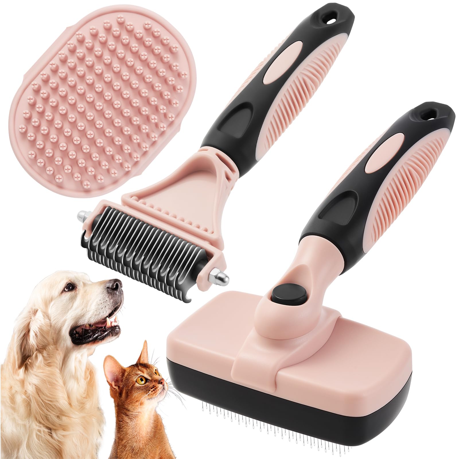 Photo 1 of 3PCS Cat & Dog Brush Set: Slicker & Deshedding Brush, Dematting Comb, and Bath Brush – Premium Grooming Tools for Shedding & Tangle-Free Fur (pink)