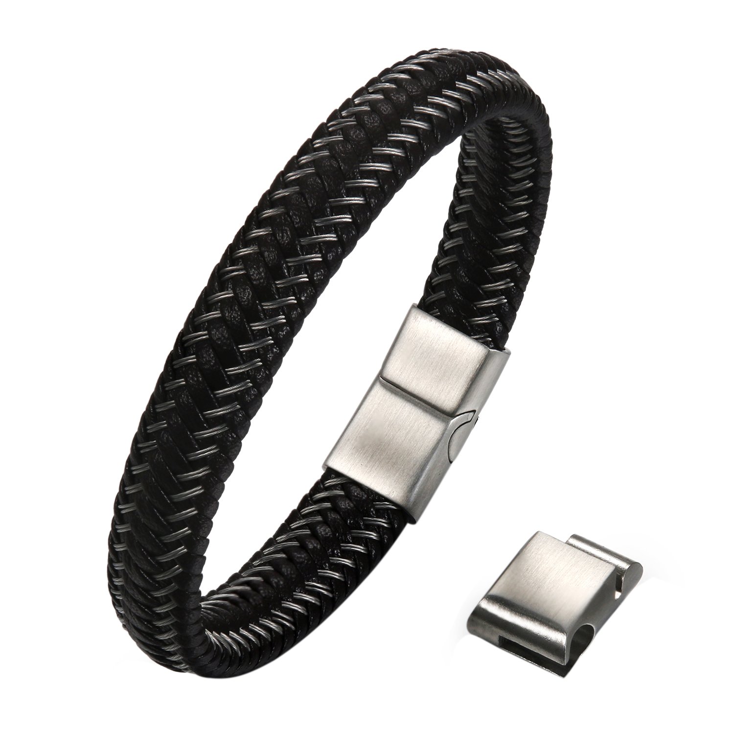 Cupimatch Mens Braided Leather Magnetic Clasp Bracelets, Charm Bracelet Bangle Wristband 8.5" (Silver)