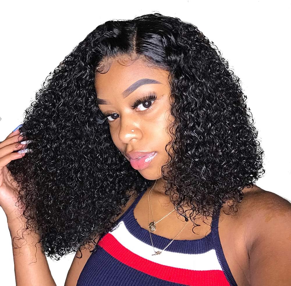 For Black Women Short Curly 13X1 Lace Front Human Hair Wigs Pre plucked 10A Brazilian Virgin Hair Wigs Bleached Knots 150% Density ( OCTSUN HAIR T Part Lace Wigs 10inches )