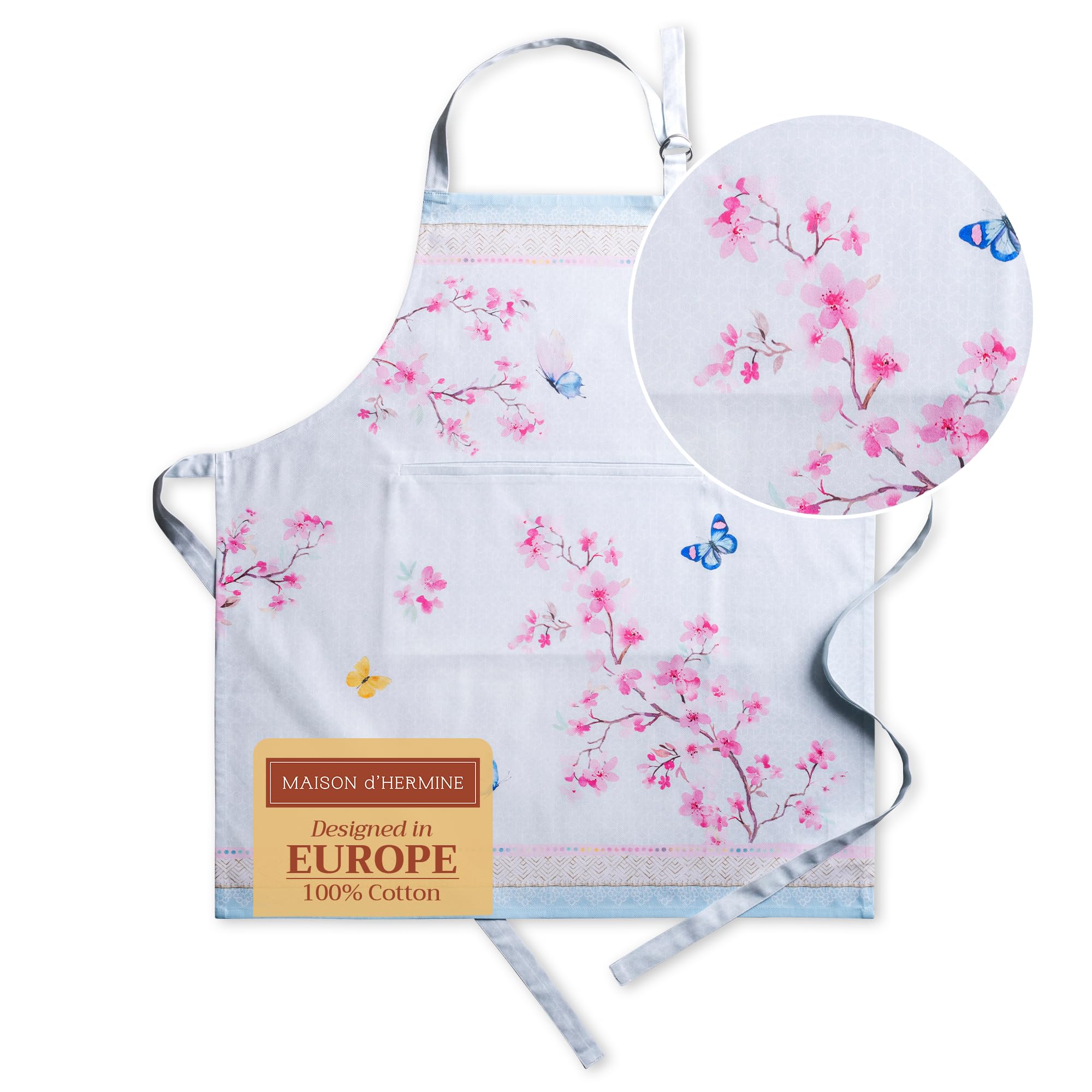 Maison d' Hermine 100% Cotton Apron for women with Pocket Kitchen Chef Spring/Summer Apron for Men Cooking Gardening Server Waitress Maid - (Blossoms In Spring, 85 cm x 70 cm)