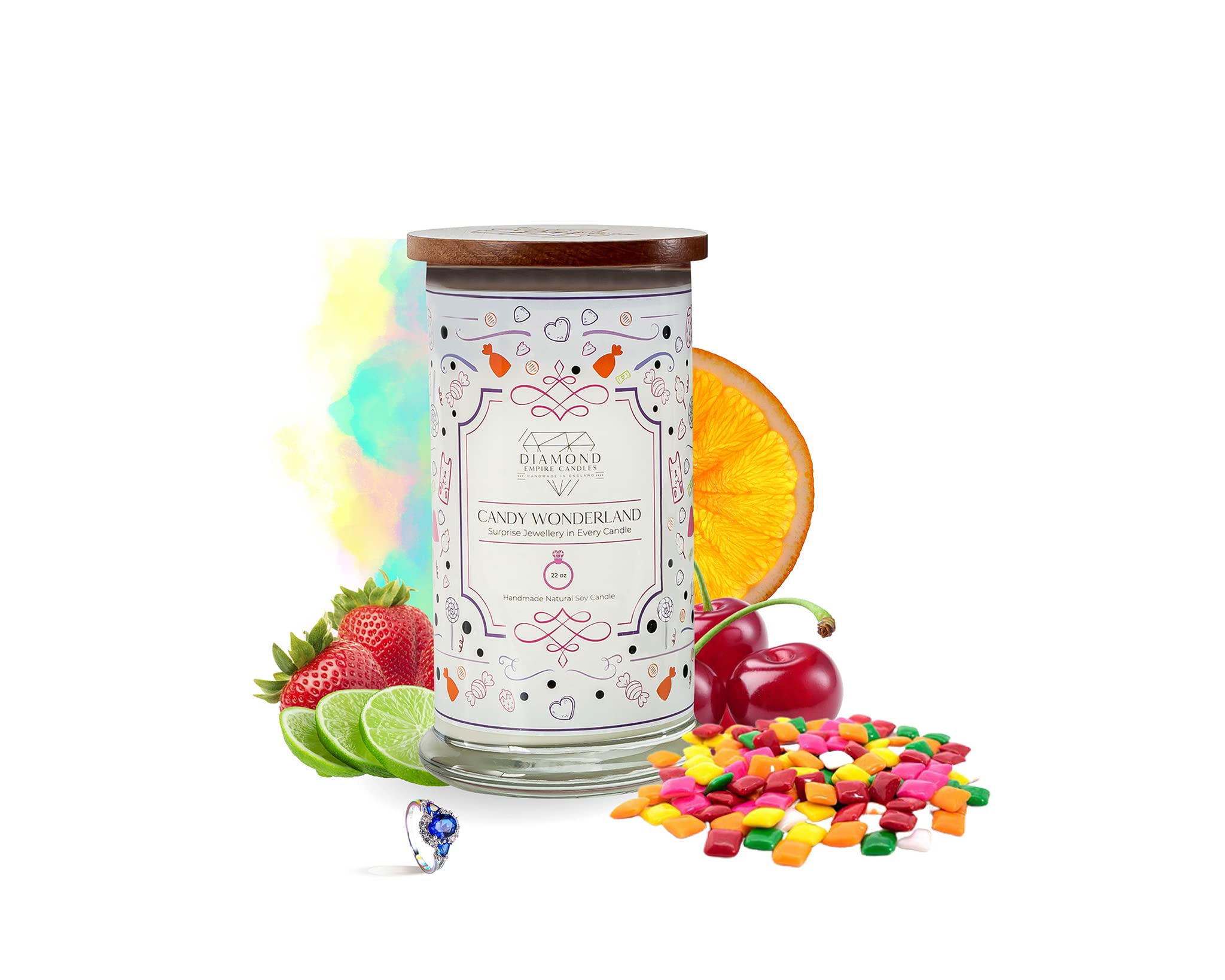 Diamond Empire Candy Wonderland Candle with Surprise Jewellery Inside (Jewelry Valued up to £2,500), Highly Scented Candles Gifts Set for Women's Anniversary, Birthday, Wedding| 2 Wicks (Rings, N/O)