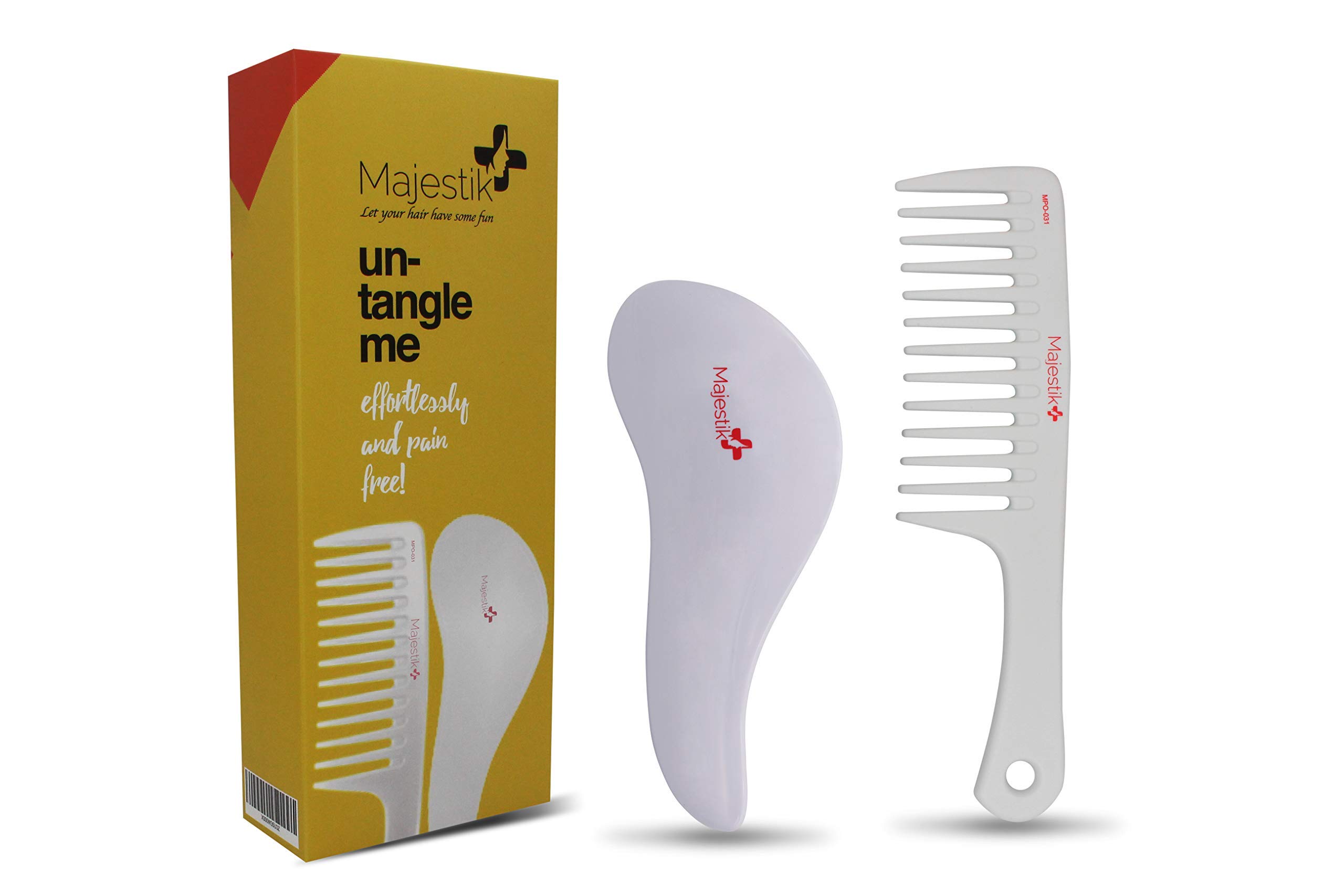 Detangling Brush & Comb White Set The Best Hair Detangler Kit for No More Tangles No More Tears By Majestik+