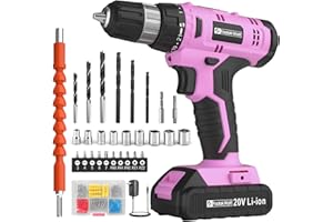 FADAKWALT Cordless Drill Set, 20V Electric Power Drill With Battery And Charger, 30N Torque, 21+1 Settings, 3/8-Inch Keyless Chuck, Driver Bits Kit, LED Light (Pink)