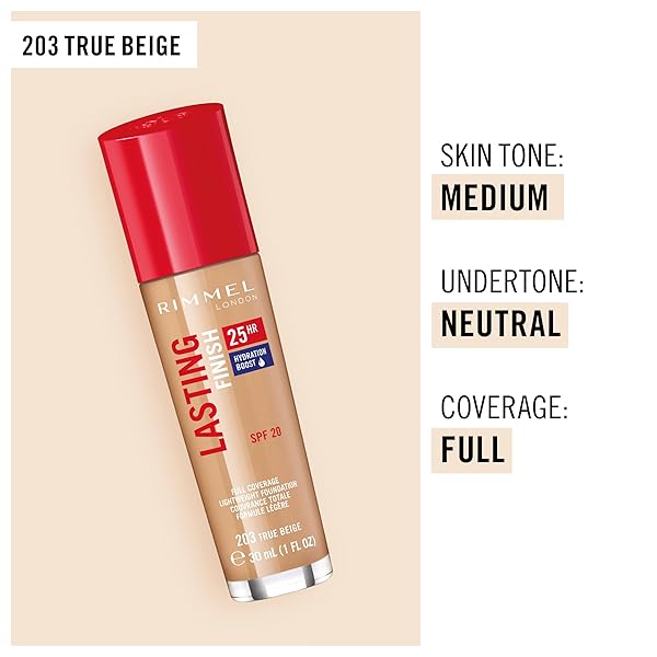RIMMEL LONDON LASTING FINISH 25HR – 203 TRUE BEIGE – FOUNDATION, 25-HOUR WEAR, FULL COVERAGE, WATERPROOF, 1OZ