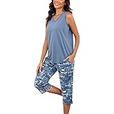 PNAEONG Women's Pajamas Set, Cotton Sleeveless Sleepwear V Neck Top Capri Pants with Pockets Soft Loungewear S-XXL
