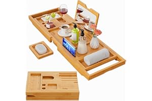 Yirilan Luxury Bathtub Tray Caddy - Expandable Bath Tray with Mirror - Unique House Warming Gifts-Bamboo