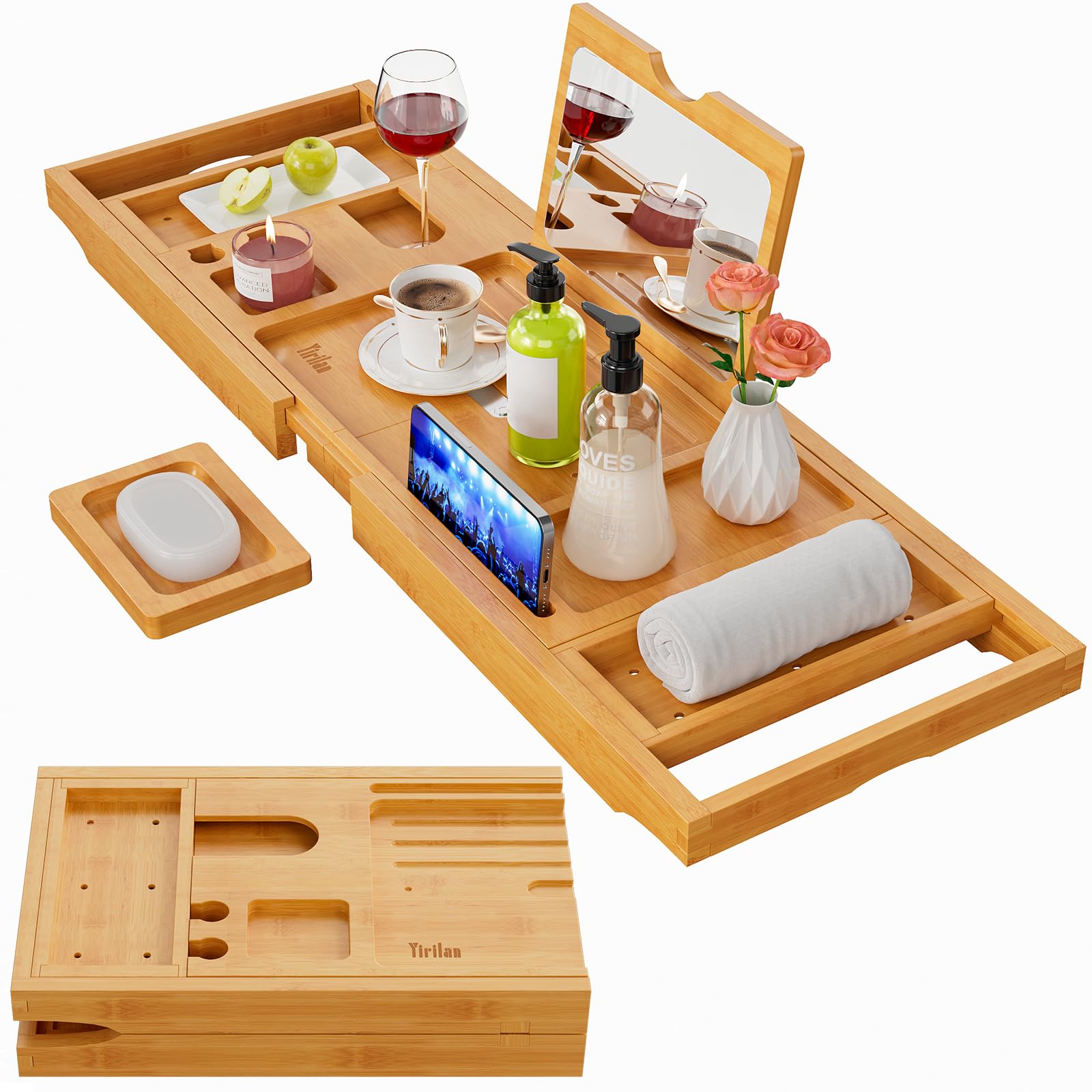 Photo 1 of Yirilan Luxury Bathtub Tray Caddy - Expandable Bath Tray with Mirror - Unique House Warming Gifts-Bamboo
