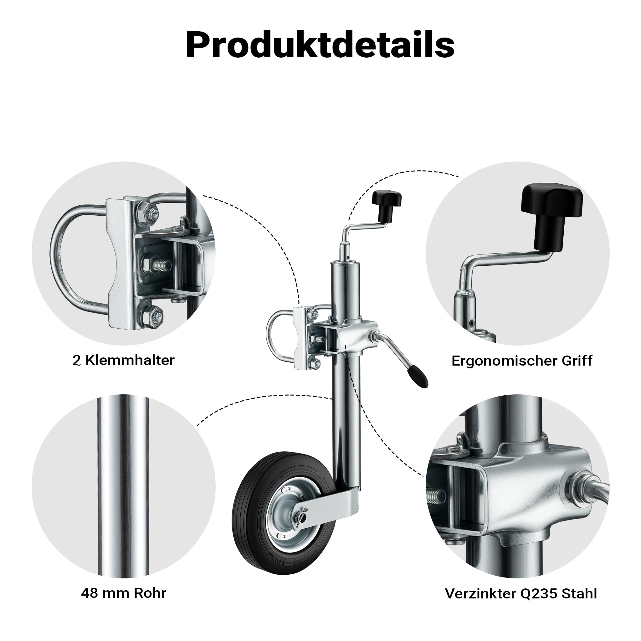 Wiltec Stützrad für Anhänger bis 362 kg ø48 mm, Bugrad inkl. Klemmhalter & Schellen, Abstellstütze mit pannensicheren Reifen 6