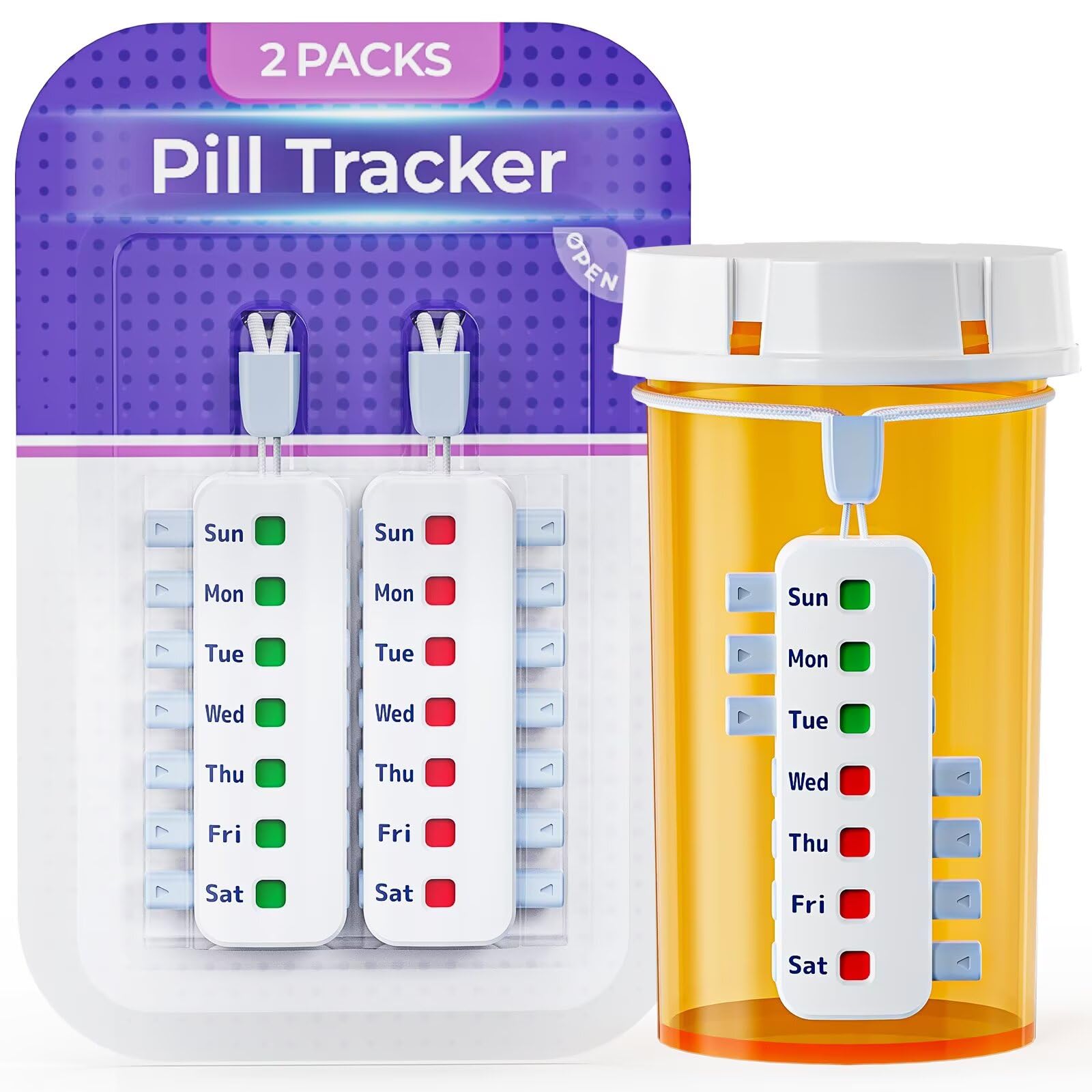 FEATY Pill Reminder for Meds Bottles, Arthritis-Friendly Pill Tracker with Anti-Slide Design, Reusable Medication Tracker Without Filling, Compact Medication Reminder, 2 Packs