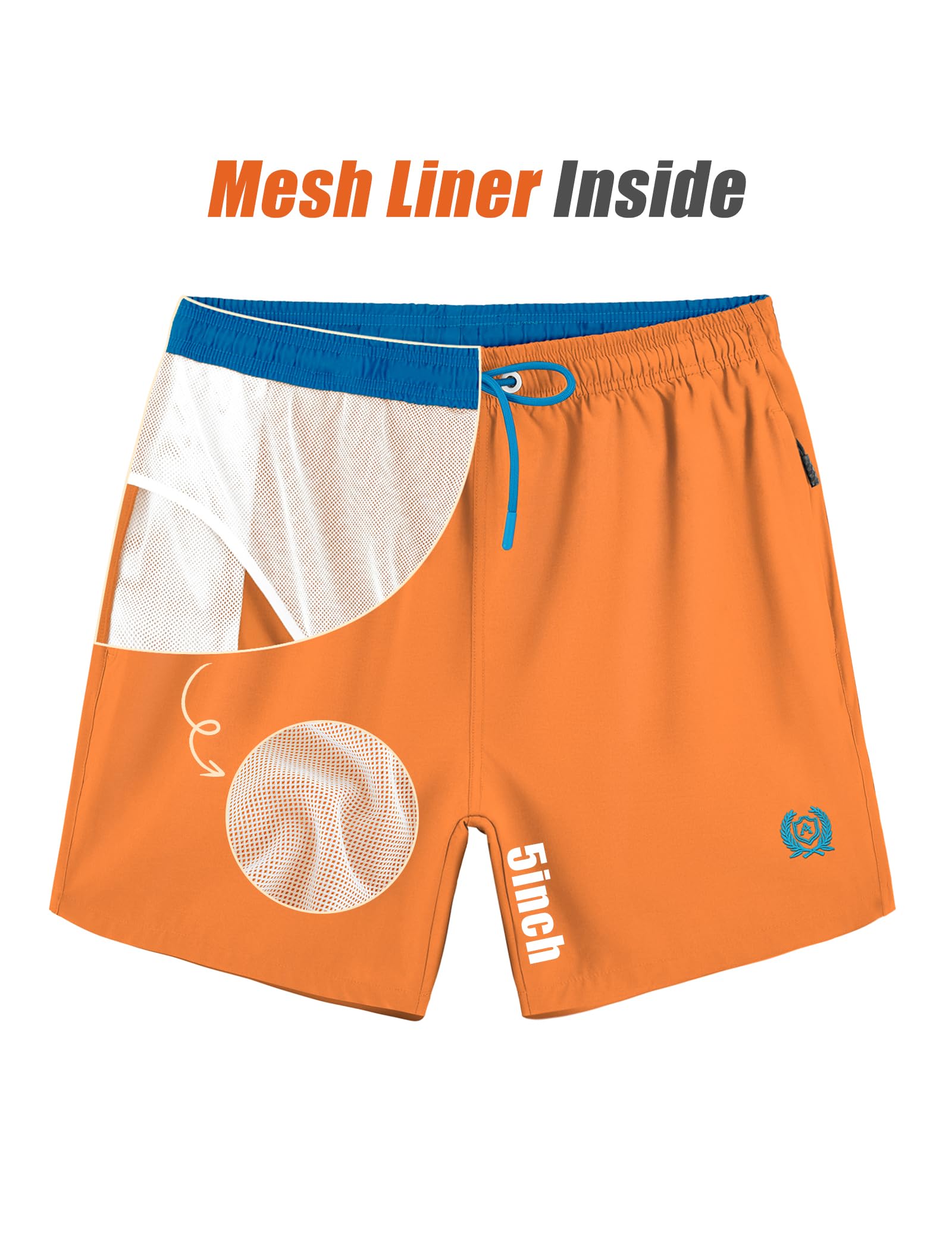 APTRO Herren Badehosen Schnelltrocknend Boardshorts Reißverschlusstaschen Badeshorts mit Mesh-Futter Einfarbig Sport Shorts Orange L 4