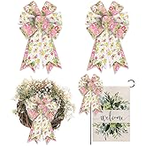 Hying 2PCS Vintage Burlap Spring Rose Bows for Wreath, Pink Rose Bows for Front Door, Wall, Tree Topper Decoration Supplies