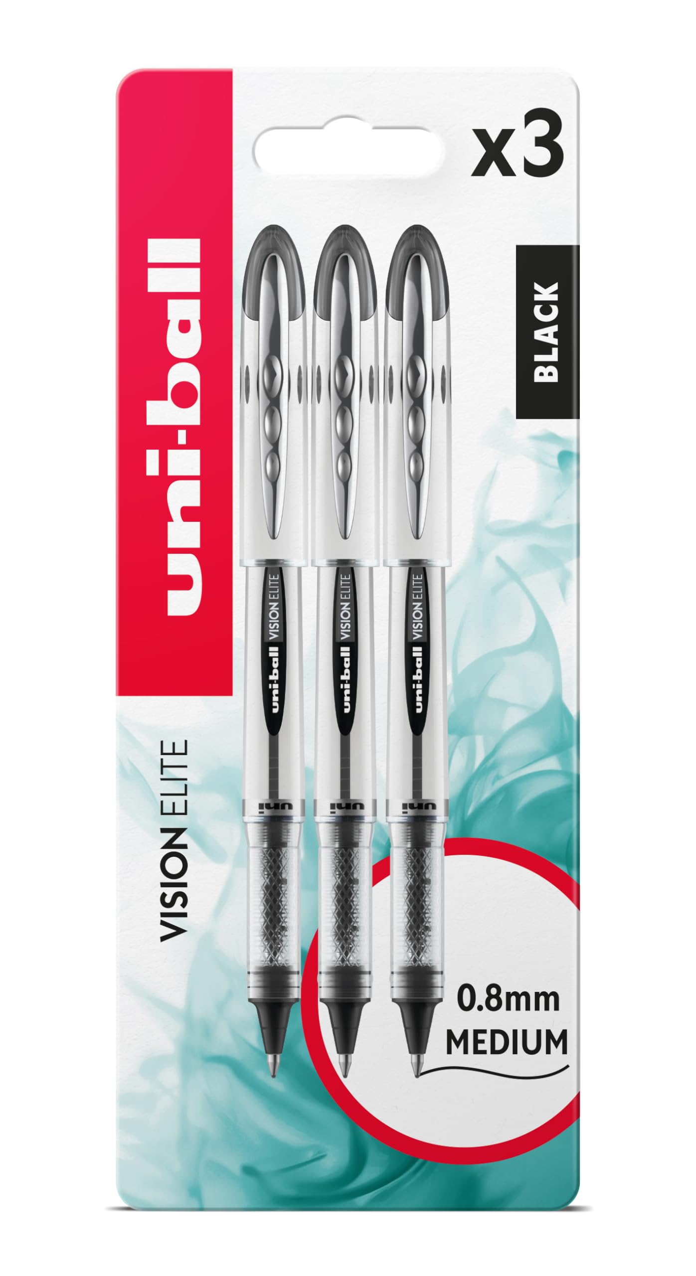 uni-ball UB-200 Vision Elite Rollerball Pens. Premium Medium 0.8mm Ballpoint Tip for Super Smooth Handwriting, Drawing, Art, and Colouring. Fade and Water Resistant Liquid Uni Super Ink. 3 Pack Black