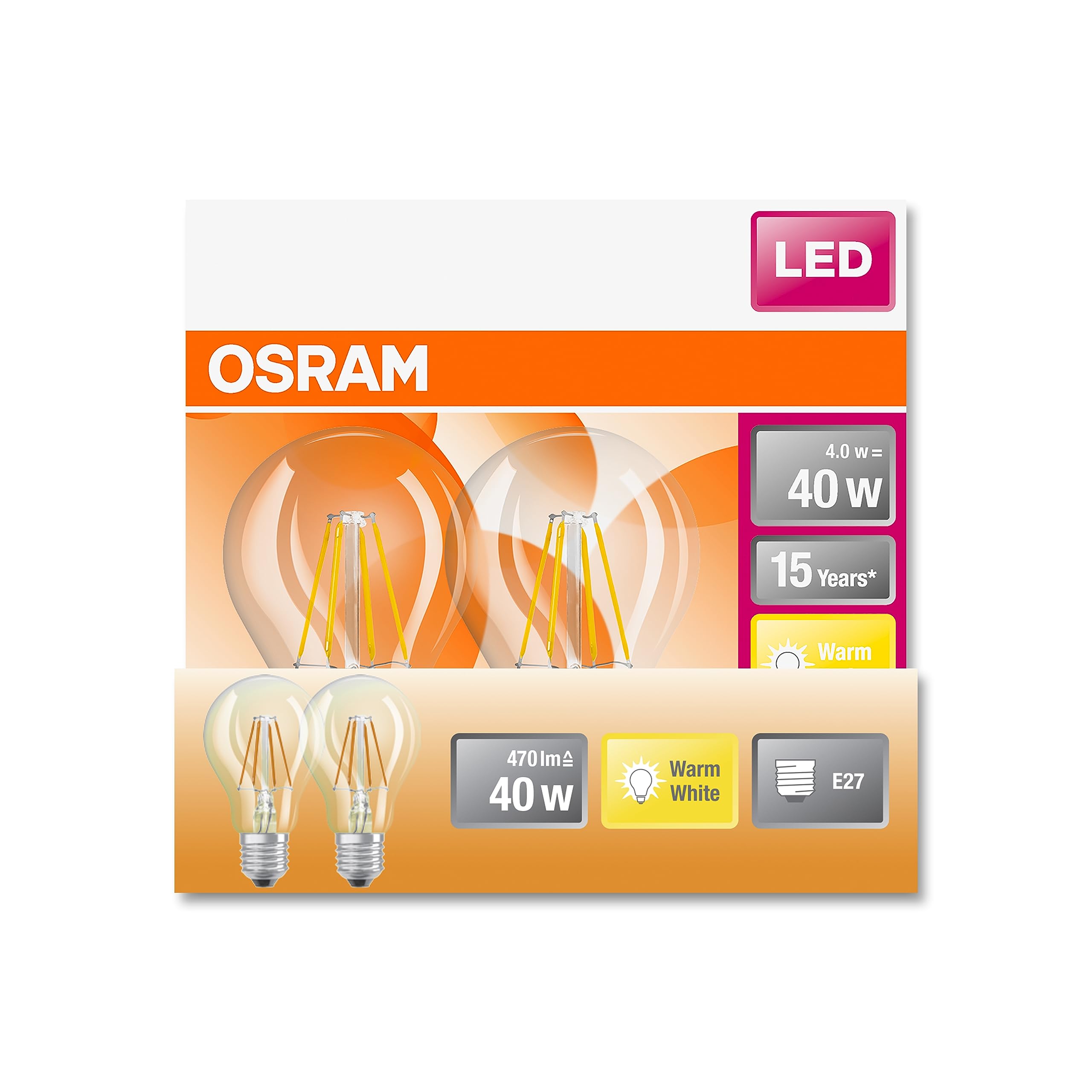 OSRAM Led Star Classic A40 Led Lamp for E27 Socket, Pear Shape, Fil, 470 Lumens, Warm White (2700K), Replacement for Conventional 40W Light Bulbs, Not Dimmable, 2-Pack