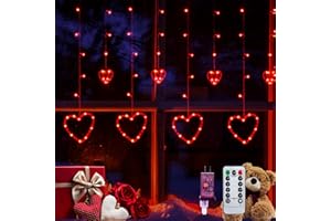 LOLStar Valentines Day Decor, Connectable Red Heart-Shaped 138 LEDs 12 Hearts String Lights Plug in With Remote, 8 Flashing Modes and Timer Function Window Curtain Light for Valentines Day Decorations