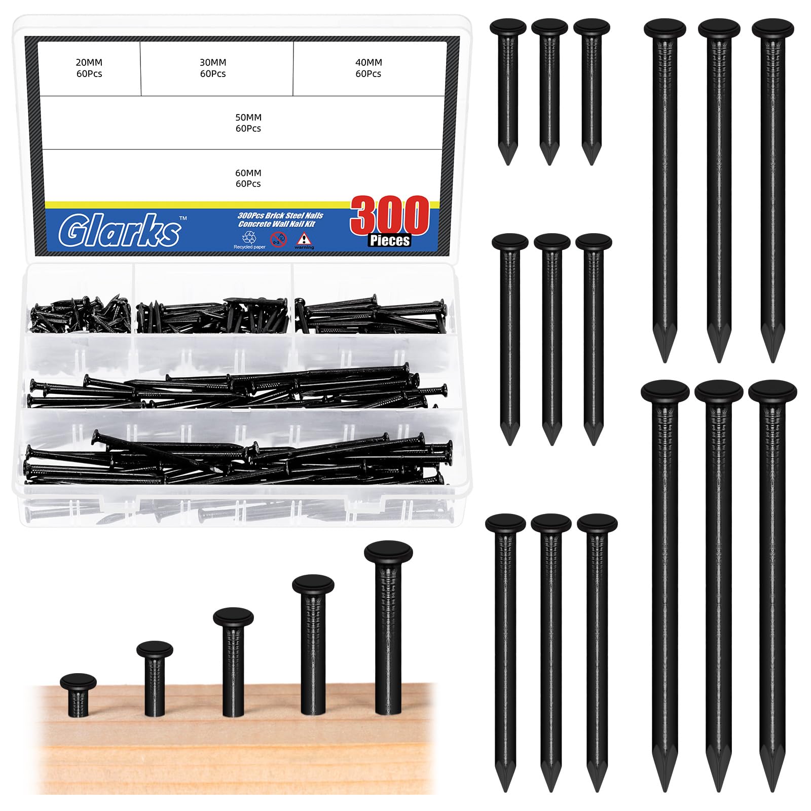 Glarks 300pcs 20/30/40/50/60mm Brick Steel Nails Kit, Black Carbon Steel Hardware Nails, Finishing Nails, Brad and Picture Hanging Nails, Wood Nails, Cement Nails for Drywall and Pine