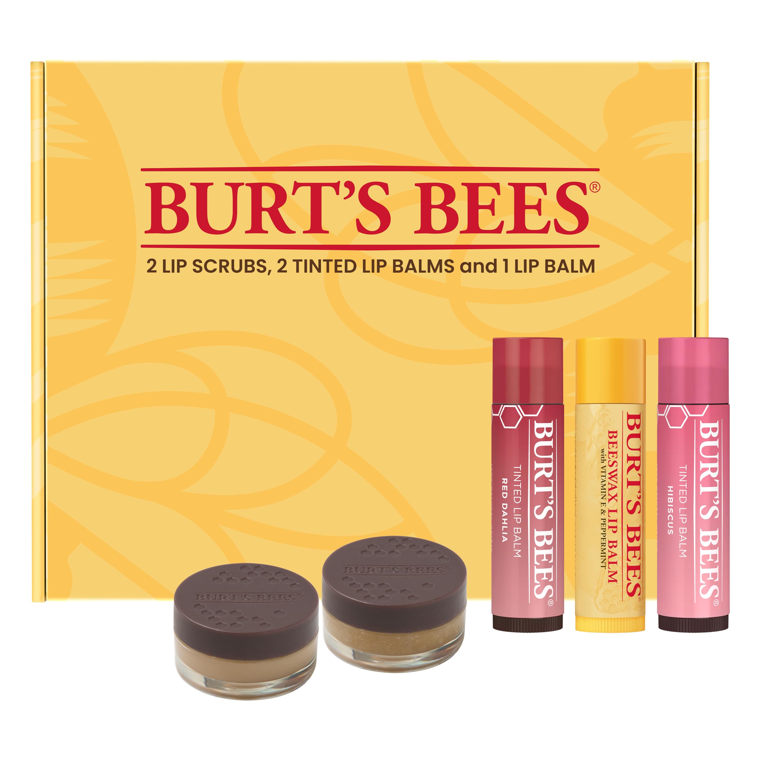 Photo 1 of **missing 2 lip stains--PARTIAL SET--**Burt's Bees Lip Care & Color Gifts Kit - Original Beeswax Moisturizing Lip Balm, Hibiscus & Red Dahlia Tinted Stain + Balm Duos, Conditioning Scrub & Overnight Sleeping Mask Exfoliator
