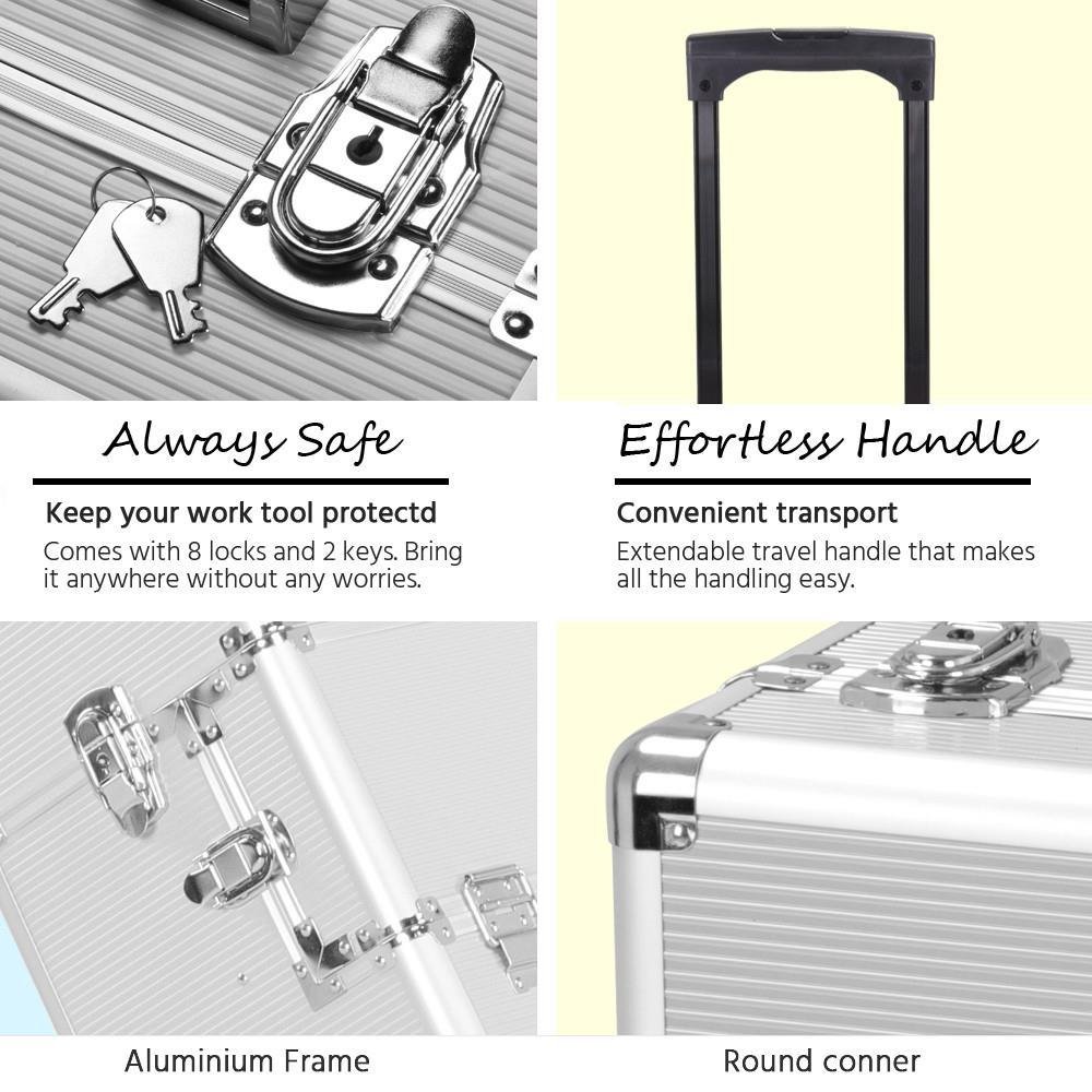 Yaheetech 3 in 1 Professional Aluminum Rolling Makeup Trolley Artist Train Case Cosmetic Organizer Makeup Case(4 wheeler accessories) Silver