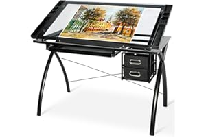 Clevich Glass Tabletop Drafting Table, Drawing Desk w/2 Drawers and Side Tray, 0-65°Angle Adjustable Versatile Art Craft Station, Craft Table w/Sturdy Metal Frame, for Artists Painters Student