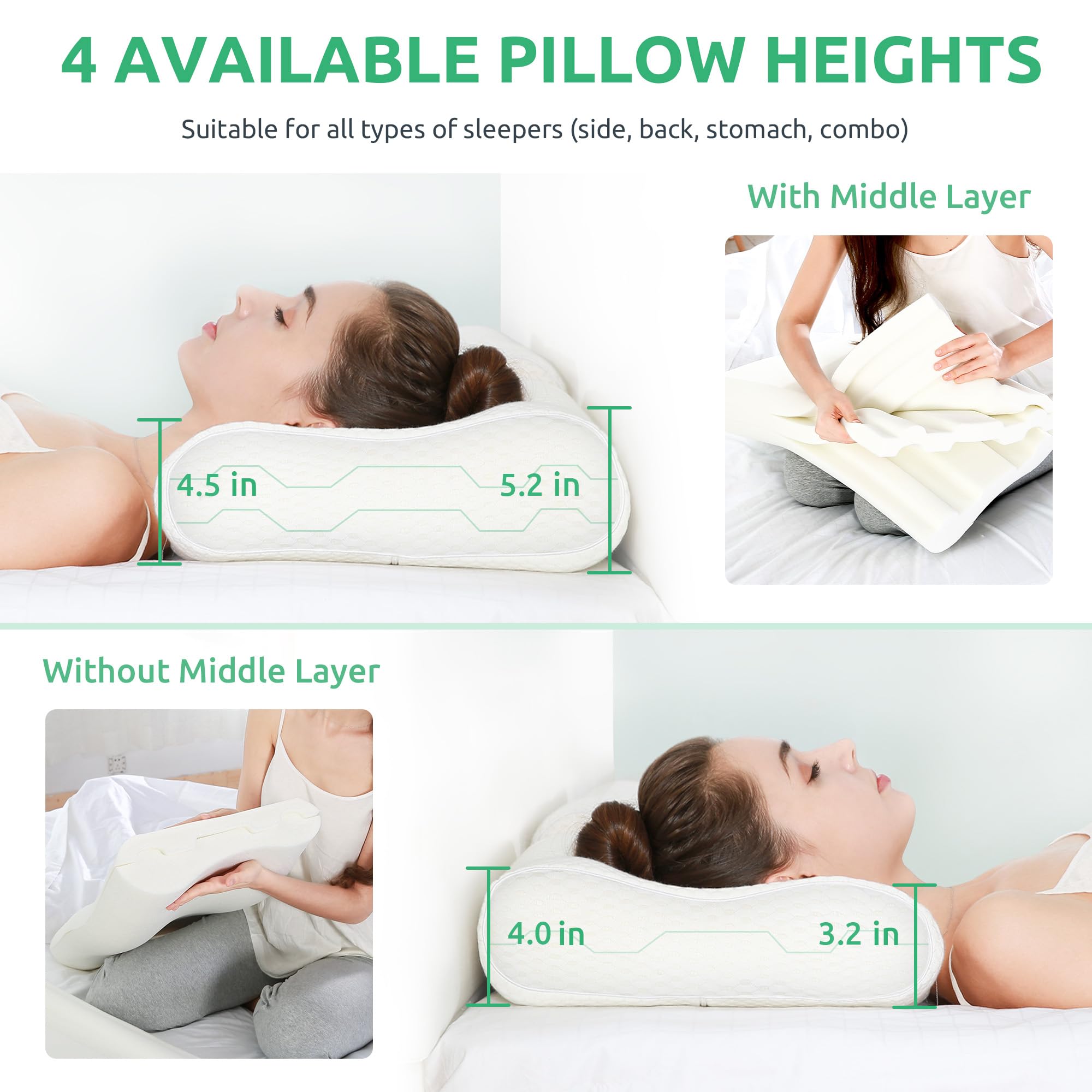 UTTU Cervical Pillow for Neck Strain Relief, Memory Foam Neck Pillow for Sleeping, Adjustable Orthopedic Sandwich Pillow, Contour Cooling for Side Back Stomach Sleeper, Medium(23.6